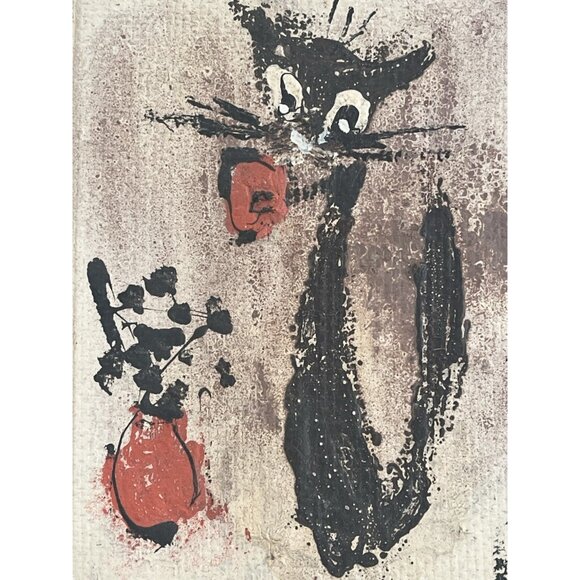 Mid Century Atomic Cat Hand Painted Framed Art Whimsical Cool Cats 7.5x 8.5 x1.5 - Picture 2 of 11